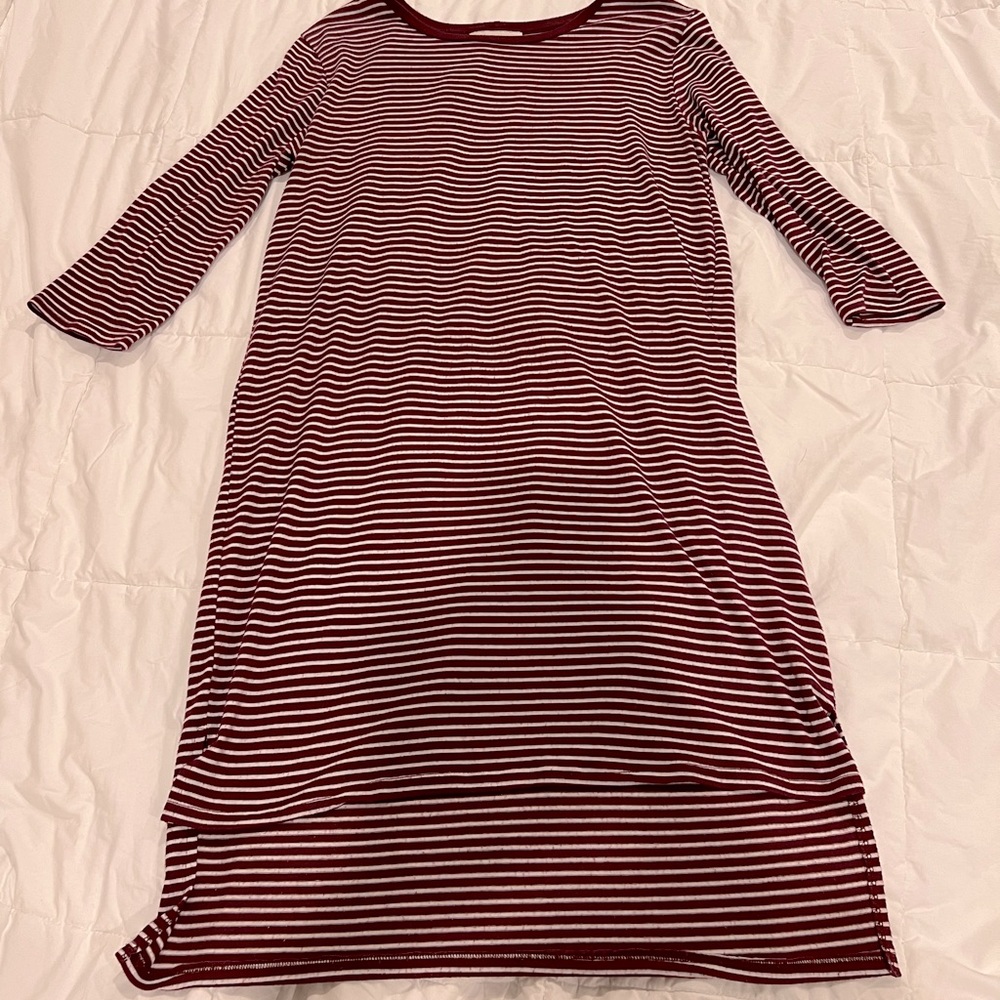 Maroon and white striped t-shirt dress. Shorter in front than in the back. Large